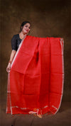 Woman wearing a red saree with a brown background
