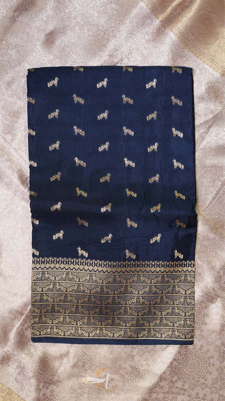Navy blue fabric with white dog pattern on a textured beige background